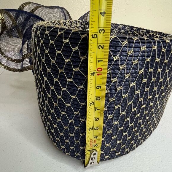 Vintage 80s Sylvia Church Lady Hat Navy Gold Metallic Mesh Netting Union Made US main image 4